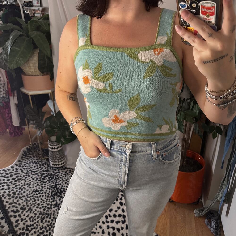 Sage & Oak Floral Knit Cropped Tank Top Blue Green Size Small
